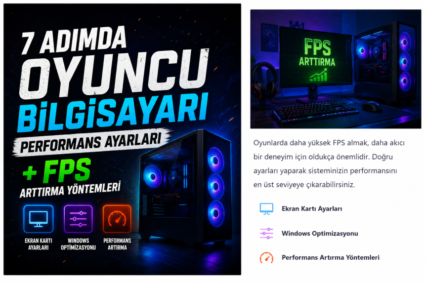Oyuncu bilgisayarı performans ayarları ve FPS arttırma yöntemlerini gösteren görsel