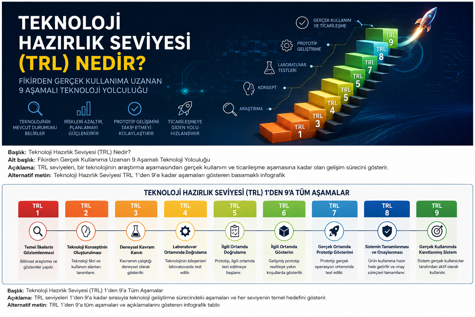 Teknoloji Hazırlık Seviyesi TRL 1’den TRL 9’a kadar araştırma, prototip, test ve gerçek kullanım aşamalarını gösteren infografik