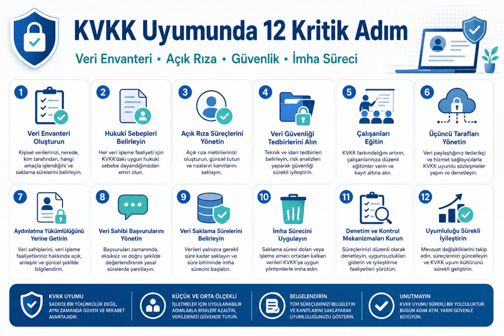 KVKK uyumunda 12 kritik adımı gösteren bilgilendirici görsel