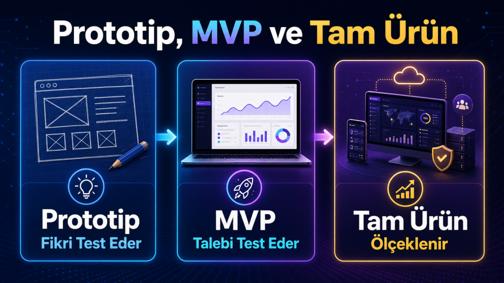 Prototip, MVP ve tam ürün arasındaki farkların karşılaştırması